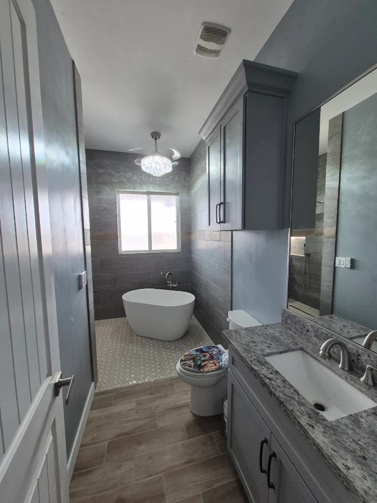 Bathroom with a gray vanity, granite countertop, freestanding tub, and wood-look plank flooring